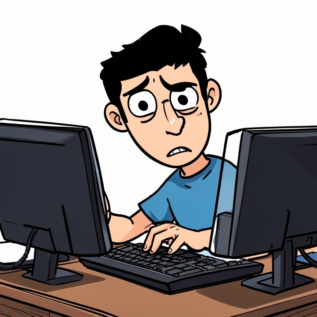 A cartoon of a confused guy staring at his computer while vibe coding